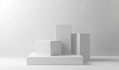 White geometric podiums in minimalist studio