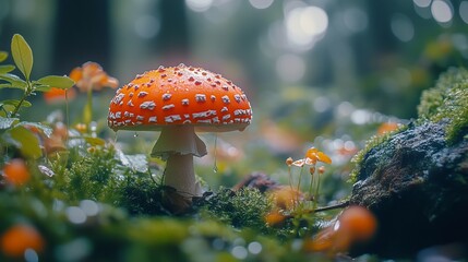 Closeup of amanita muscaria mushroom in forest with water droplets and mossy ground for wallpaper hd