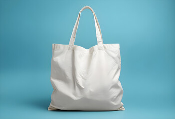  White Tote Bag Against Soft Light Blue Background