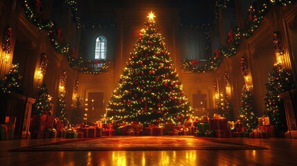 Grand Manor Christmas Tree, Festive Gifts, Holiday Decorations, Interior