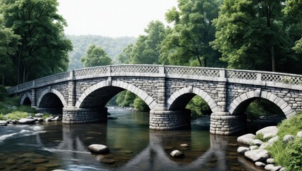 Fototapeta premium Stone bridge over a serene river in a lush forest