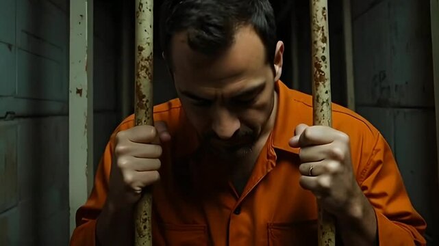 Depressed male prisoner in orange uniform stands in prison cell leaning and holding hands on metal bars. Inmate serves imprisonment term for crime in jail, generative AI