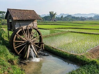 Obraz premium A farmer walking along the edge of a rice field, checking the water level and soil condition