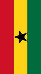 Vertical Ghana flag featuring red, yellow, green stripes with a central black star representing national identity and pride
