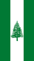 Vertical Norfolk Island flag design featuring a pine tree on a white background with green stripes symbolizing heritage and identity
