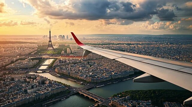 Breathtaking aerial view of Paris at sunset with the Eiffel Tower and Seine River from an airplane window