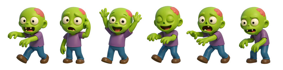 Zombie Animation: A series of vibrant cartoon zombie animations, each portraying a different pose and expression. Designed to amuse. 