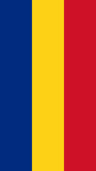 Flag of Romania displayed vertically, showcasing its blue, yellow, and red colors in a vibrant arrangement