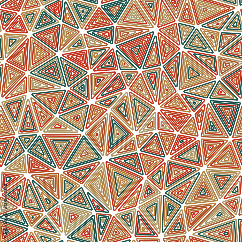 Poster geometric pattern. medium triangles size. multiple repeated inner triangles. multicolored style. rep