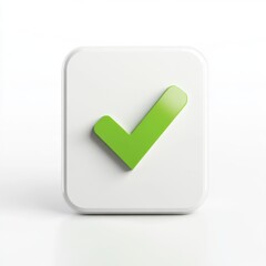 3D Green Checkmark Icon on White Square, Isolated, Digital Approval