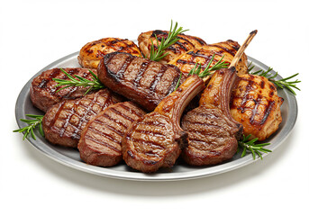 Grilled Lamb Chops Chicken Breasts and Steaks on Silver Platter