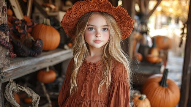 Autumnal Charm: A Little Girl in a Rustic Pumpkin Patch