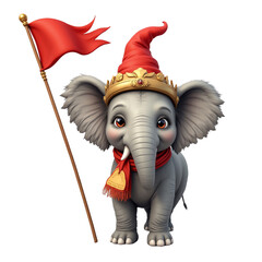 Obraz premium Cheerful elephant with a flag and crown.