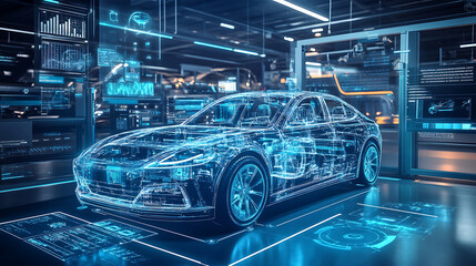 An AI powered system automating vehicle maintenance scheduling by analyzing real time performance data and service history, futuristic AI-driven automotive platform, Automotive technology style