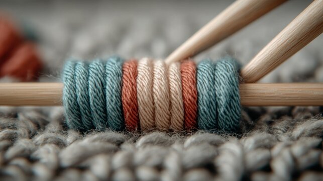 Yarn crafting event cozy home environment knitting materials focus close-up viewpoint creative concept for handmade projects