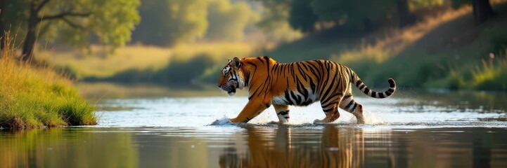 Fototapeta na wymiar Bengal tiger crossing Rajbagh Lake, Ranthambore National Park, Rajasthan, India, Rajbagh Lake, national park, Rajasthan tourism
