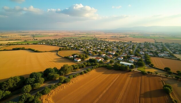 Bird's eye view of Nir David kibbutz Agricultural expanse surrounding settlement , farming, farming community