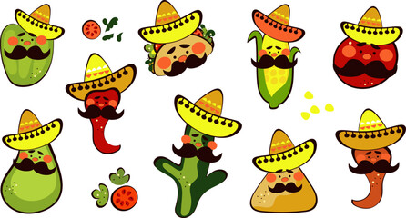 set Cinco de Mayo cute vegetable characters with mustache wearing sombrero hats. funny mexican ingredients for greeting card.  doodle sketch style vector illustration on white background.