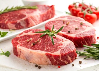Raw Beef Steaks with Herbs and Pepper &ndash; Fresh Marbled Meat on White Background