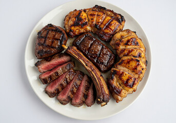 Grilled Meat Platter Variety of Steaks, Chicken, and Pork on White Background