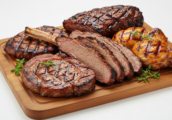 Grilled Meat Platter with Beef, Chicken, and Pork on Wooden Board