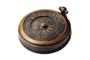 Close up of an ornate bronze compass with floral and sunburst designs Isolated on transparent background, PNG