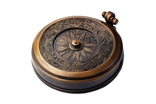 Close up of an ornate bronze compass with floral and sunburst designs Isolated on transparent background, PNG