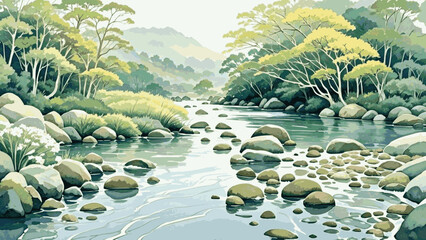 Misty banks reflection river isolated watercolor vector illustration svg  