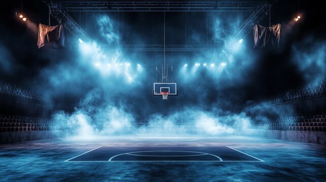 Empty basketball arena with surface and atmospheric lighting for sports background design