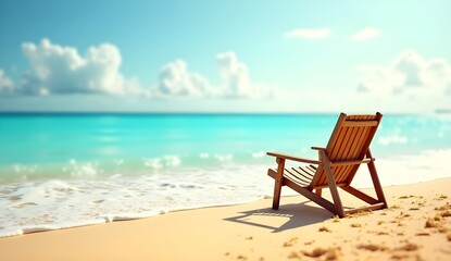 Cozy beach chair on shoreline with clear waves and dreamy sky