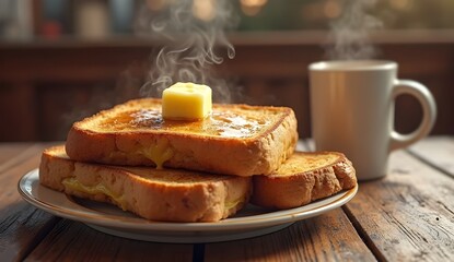 Buttered toast and coffee served on rustic table for cozy breakfast