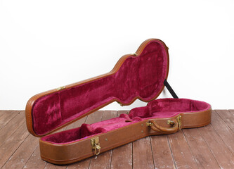 Musical instrument - Front and side view Open brown electric guitar hard case