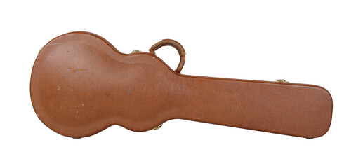 Musical instrument - Front view old close brown electric guitar hard case isolated white