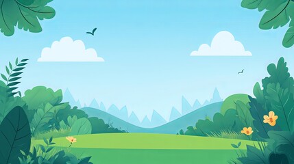 Fototapeta premium Cartoon landscape background vector illustration with green hills trees clouds and birds beautiful nature scene