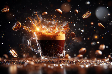 Coffee Galaxy: A cosmic journey of coffee beans, mugs, and espresso shots orbiting in a coffee-colored galaxy with realistic steam and liquid trails for a dreamy experience