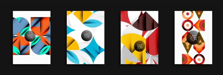 Four vibrant geometric designs. Each features overlapping shapes, bold colors, plus central circular elements with text. Modern, abstract compositions suitable for backgrounds or branding.
