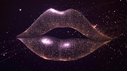 Glowing digital lips, cosmic background, beauty ad