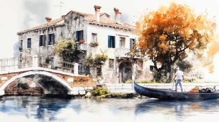 Naklejka premium Venetian Gondola Fishing Scene: 19th Century Watercolor Painting with Sepiatone Aesthetic and Rich Details in Soft Lighting