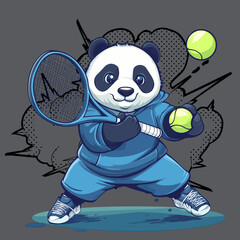 扁平化卡通强壮熊猫打网球浅蓝色