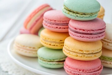 Obraz premium Colorful assorted French macaroons on a wooden table background