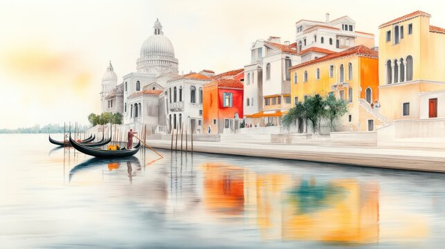 Venetian Gondola Fishing Scene: 19th Century Watercolor Painting with Sepiatone Aesthetic and Rich Details in Soft Lighting