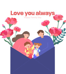 행복한 가족의 카네이션 가득한 어버이날 일러스트