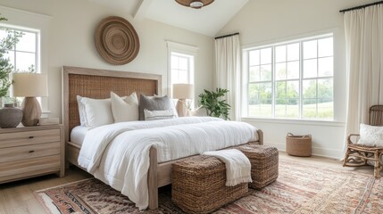 Tranquil bedroom, natural light, woven decor, farmhouse style, rural view