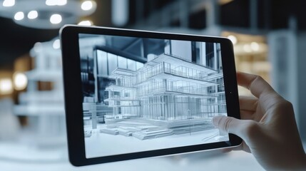 Hand holding tablet displaying 3D architectural model.