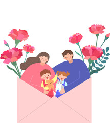 행복한 가족의 카네이션 가득한 어버이날 일러스트