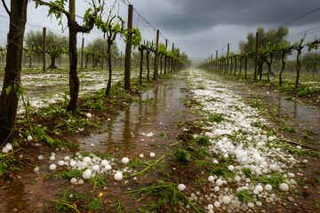Hailstorm Damage in Vineyard with Ice Pellets and Flooded Rows Under Stormy Sky