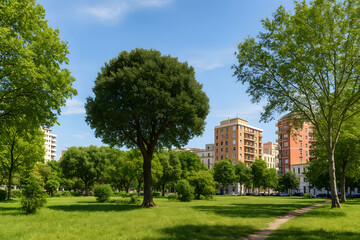 Obraz premium Urban Green Oasis with Tall Trees and Modern Buildings on a Sunny Day