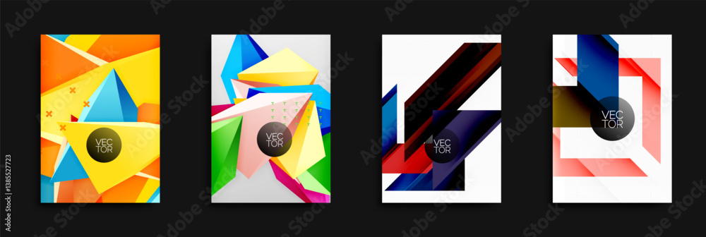 Poster Four vibrant abstract backgrounds. Geometric shapes overlap, creating dynamic compositions. Bright colors dominate, with text elements present on each design. Modern, stylish visuals.