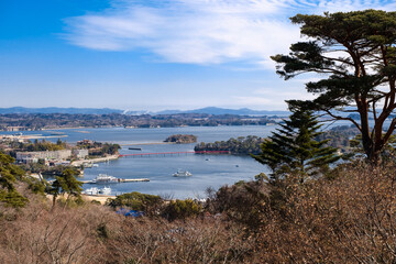 Aerial view of Matsushima near Sendai, Miyagi, Japan from Saigyo Modoshi no Matsu Park viewpoint