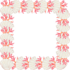 Obraz premium Square frame of watercolor seashell, coral and alga 